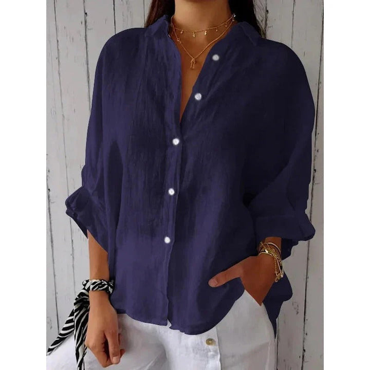 Chique vrouwenmode blouse met effen design, lange mouwen met oprolfunctie, perfect voor de voorjaarsgarderobe.