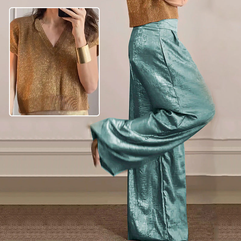 Veelzijdige dames tweedelige set: glanzende top en wijde broek, geschikt voor zowel feest als dagelijkse stijl.