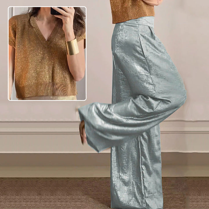 Luxueuze glanzende stof van de top en comfortabele hoge taille wijde broek, perfect voor een elegante uitstraling.