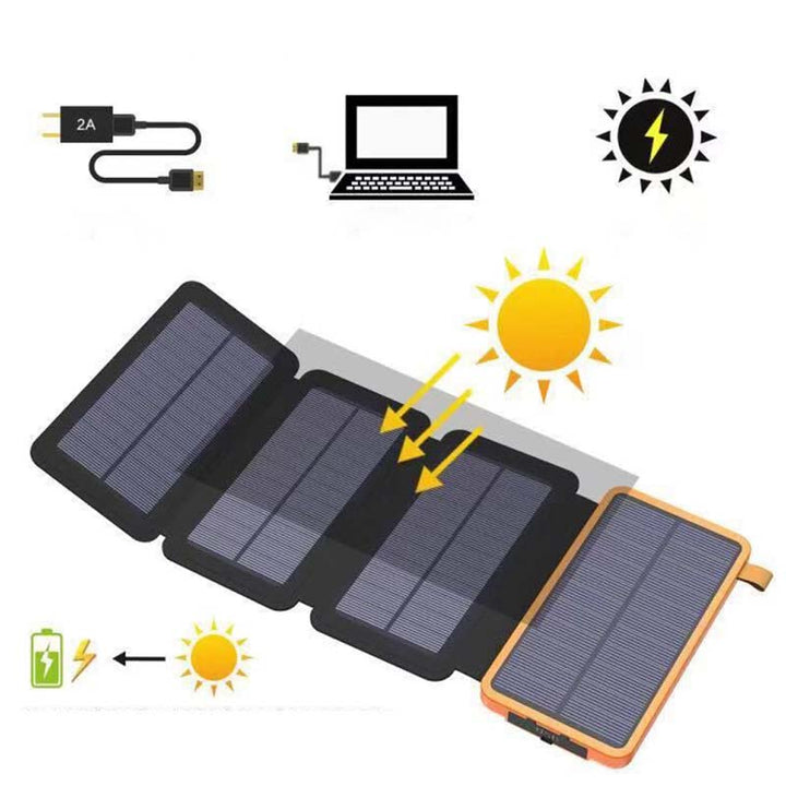 Zonne-energie powerbank in gebruik op de camping, laadt smartphone op met duurzame energie.