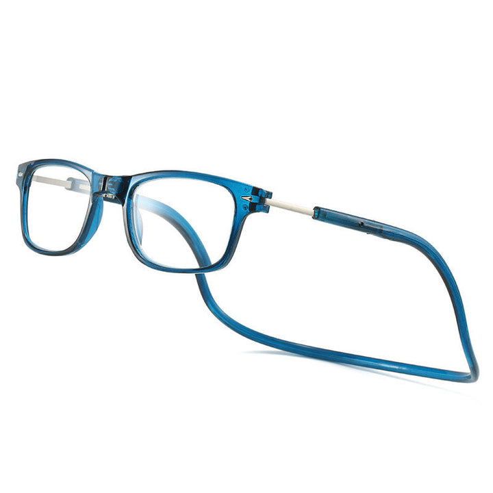Zwarte magnetische leesbril met verstelbare nekband, perfect voor snelle toegang en draagcomfort.