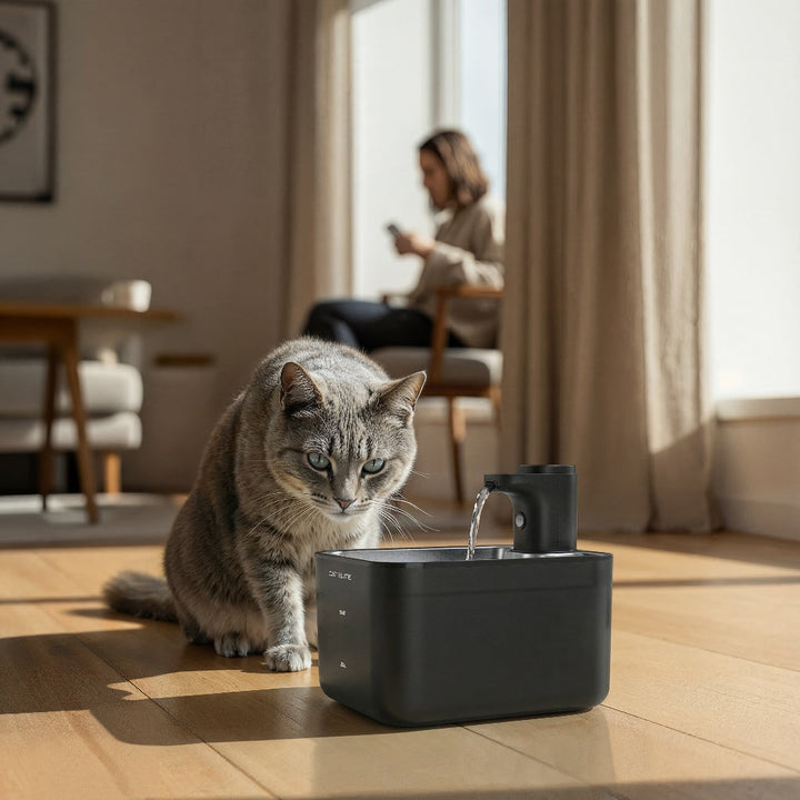 Katten drinkfontein mvb26, stimuleert drinken met gefilterd water voor betere kattengezondheid.