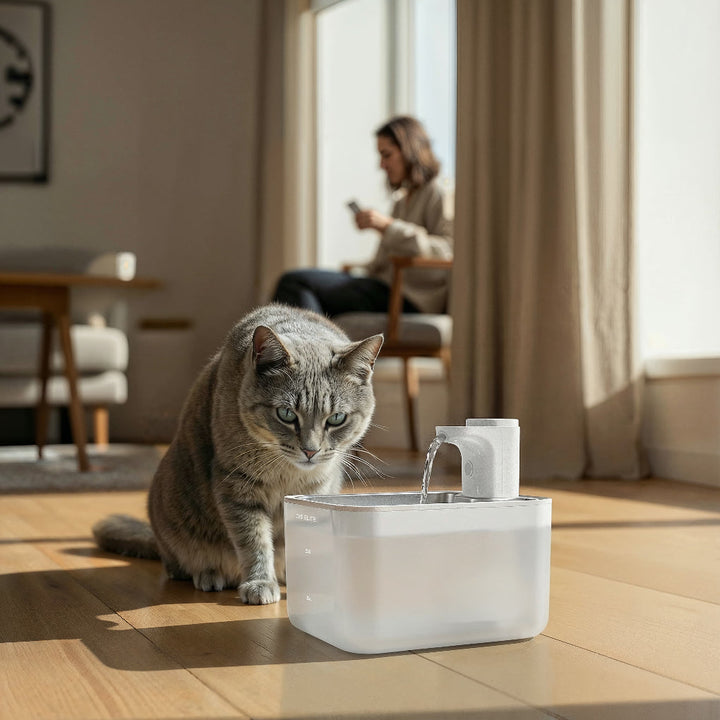Compacte katten drinkfontein met golfontwerp, stille werking, ideaal als katten accessoire voor thuis.