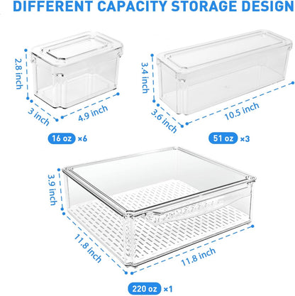Stapelbare koelkast organizers set, 10 stuks, BPA-vrij, transparant, met deksels voor fruit en groenten, ruimtebesparend.