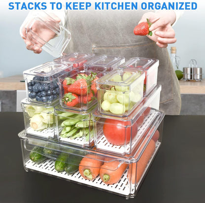 Stapelbare koelkast organizers set, 10 stuks, BPA-vrij, transparant, met deksels voor fruit en groenten, ruimtebesparend.