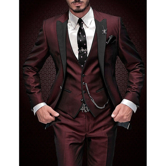 Stijlvol 3-delig linnen herenpak in bourgondisch rood, inclusief blazer, gilet en broek; perfect voor elke gelegenheid.