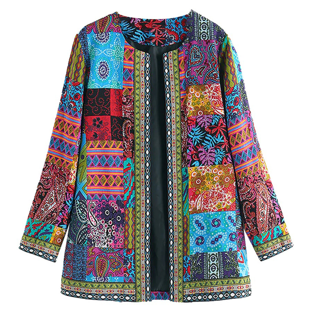 "Stijlvol bohemian lang damesvest met levendig patroon en open voorkant, ideaal voor casual lagen en comfortabel dragen."