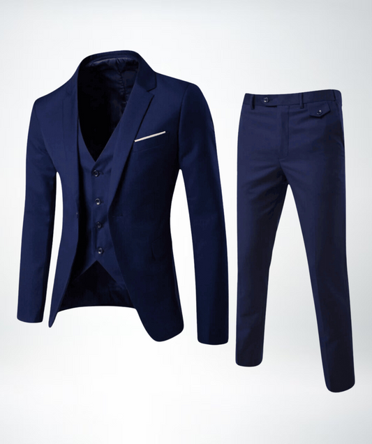 "Stijlvol heren driedelig pak met klassiek silhouet, grijsblauw, verfijnd design voor formele en semi-casual gelegenheden."