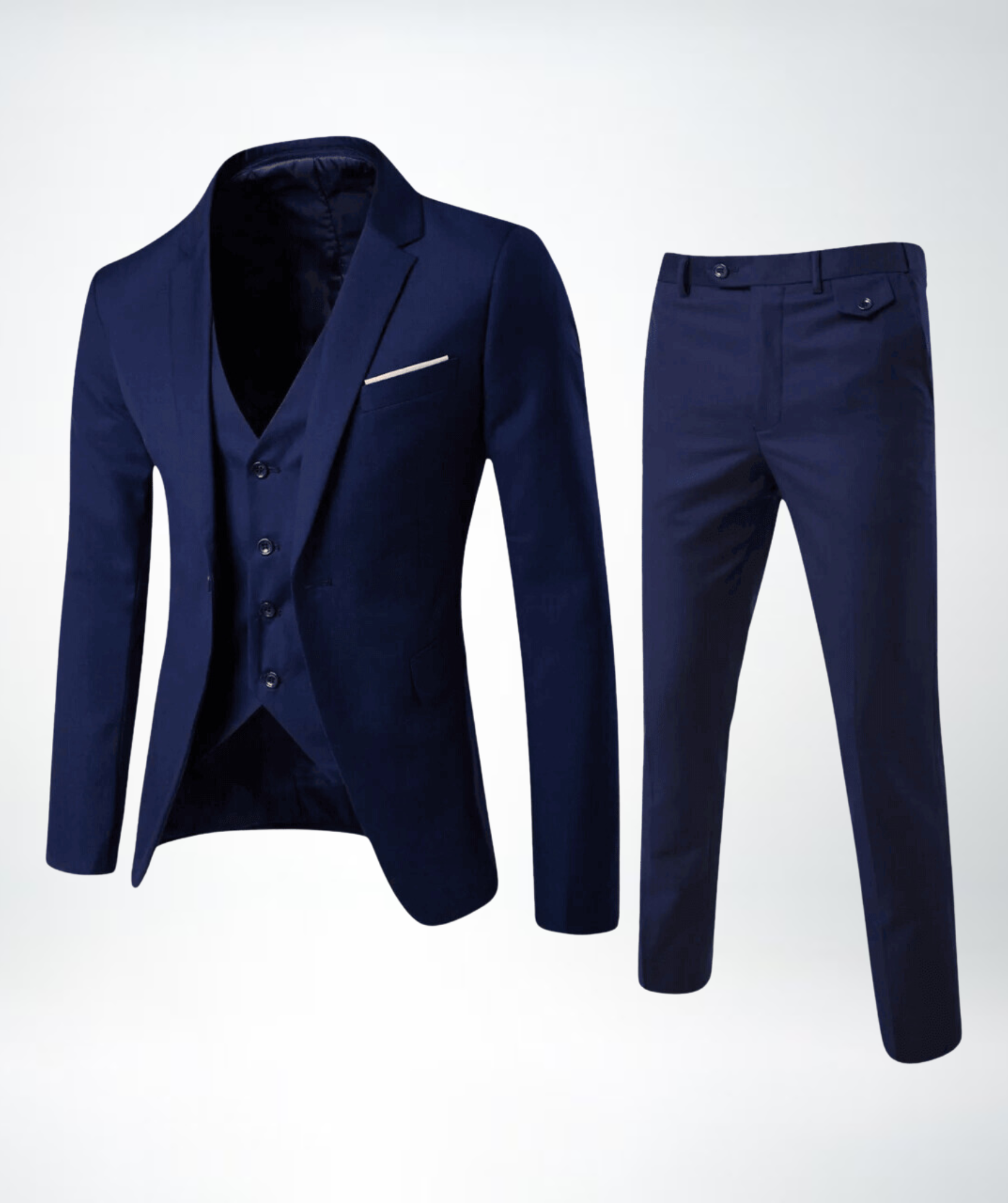"Stijlvol heren driedelig pak met klassiek silhouet, grijsblauw, verfijnd design voor formele en semi-casual gelegenheden."