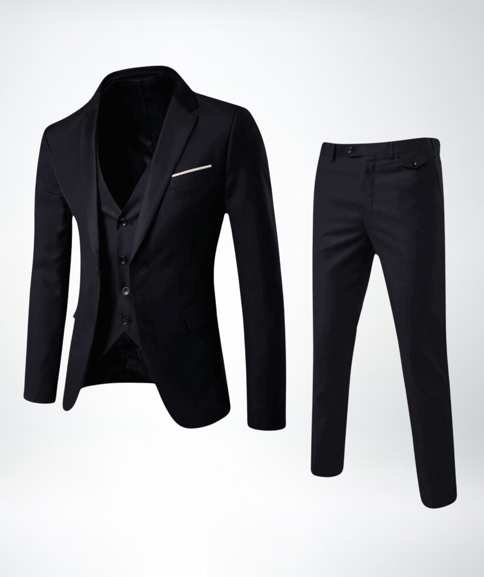 "Stijlvol heren driedelig pak met klassiek silhouet, grijsblauw, verfijnd design voor formele en semi-casual gelegenheden."