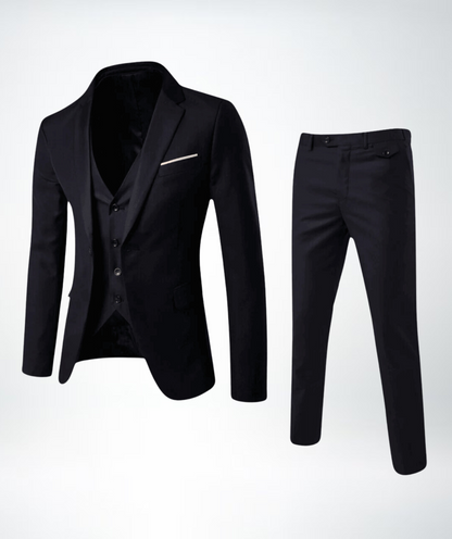 "Stijlvol heren driedelig pak met klassiek silhouet, grijsblauw, verfijnd design voor formele en semi-casual gelegenheden."