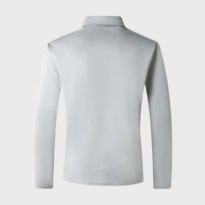 Stijlvol heren poloshirt met lange mouwen in marineblauw, zilvergrijs en zwart voor comfort en veelzijdige uitstraling.