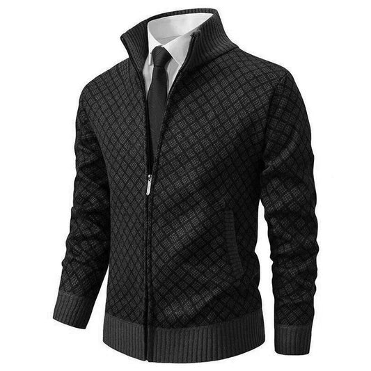 "Stijlvol heren vest met geometrisch patroon en ritssluiting, ideaal voor comfort en mode."