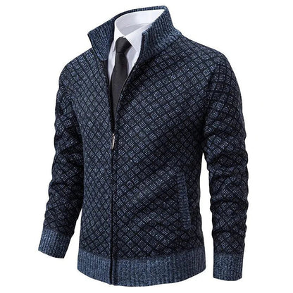"Stijlvol heren vest met geometrisch patroon en ritssluiting, ideaal voor comfort en mode."