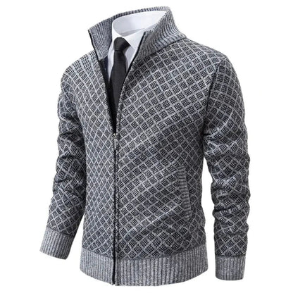 "Stijlvol heren vest met geometrisch patroon en ritssluiting, ideaal voor comfort en mode."