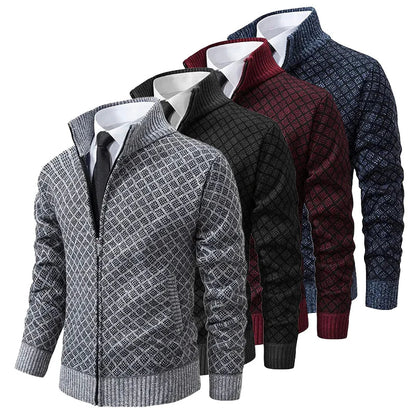 "Stijlvol heren vest met geometrisch patroon en ritssluiting, ideaal voor comfort en mode."