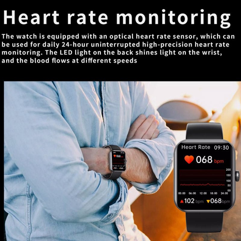 Stijlvol horloge met touchscreen voor real-time bloedsuiker- en hartslagmonitoring, modern en comfortabel ontwerp.