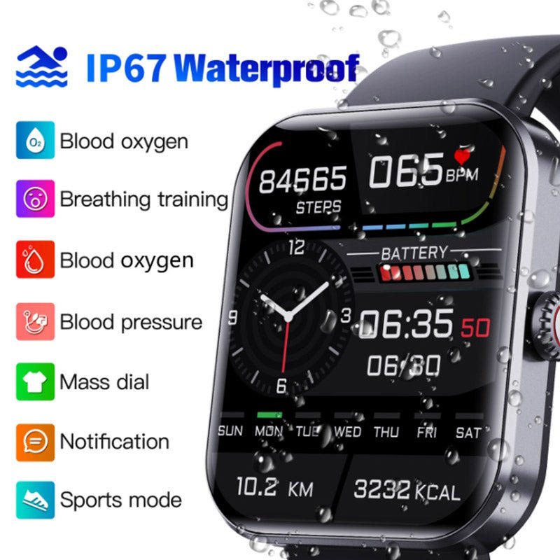 Stijlvol horloge met touchscreen voor real-time bloedsuiker- en hartslagmonitoring, modern en comfortabel ontwerp.