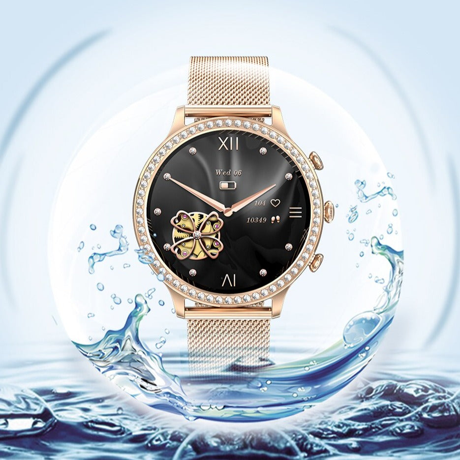 "Stijlvol SmartPulse gezondheidsmonitor horloge met touchscreen en verstelbare band, rosé goud afwerking, IP68 waterbestendig