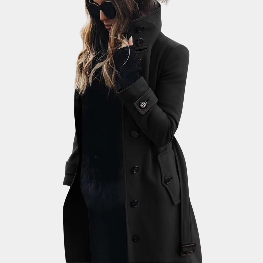 "Stijlvolle beige dames trenchcoat, elegante winterjas met getailleerd ontwerp en verstelbare riem voor optimale pasvorm."