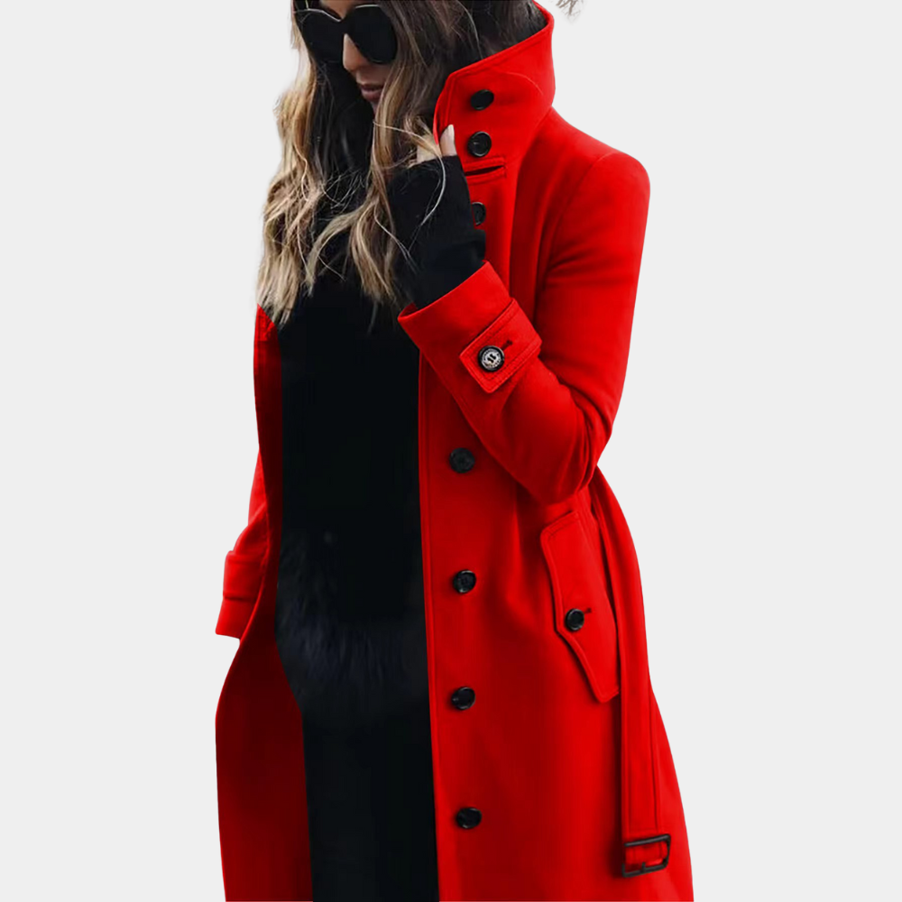 "Stijlvolle beige dames trenchcoat, elegante winterjas met getailleerd ontwerp en verstelbare riem voor optimale pasvorm."