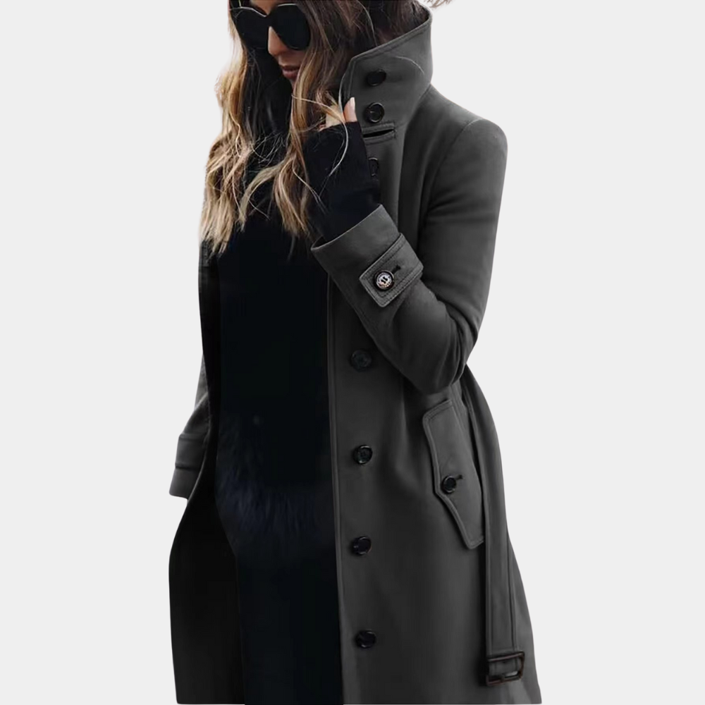 "Stijlvolle beige dames trenchcoat, elegante winterjas met getailleerd ontwerp en verstelbare riem voor optimale pasvorm."