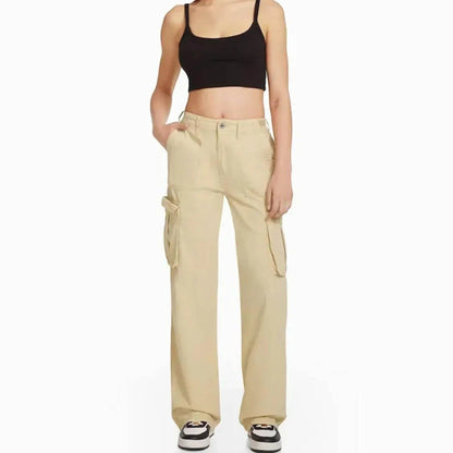 Stijlvolle blauwe cargo broek met verstelbare taille en cargozakken, ideaal voor moderne vrouwen. Comfortabel en trendy.