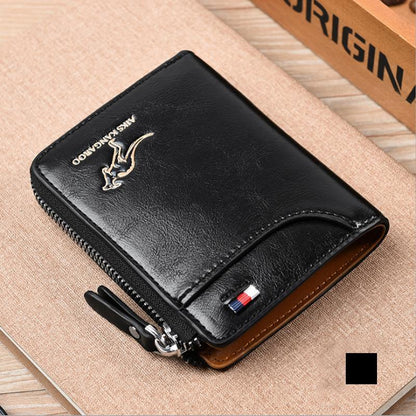 "Stijlvolle compacte RFID portemonnee voor dames, beige PU-leer, strakke look, veilige kaartsleuven, moderne accessoire."