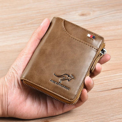 "Stijlvolle compacte RFID portemonnee voor dames, beige PU-leer, strakke look, veilige kaartsleuven, moderne accessoire."