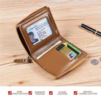 "Stijlvolle compacte RFID portemonnee voor dames, beige PU-leer, strakke look, veilige kaartsleuven, moderne accessoire."