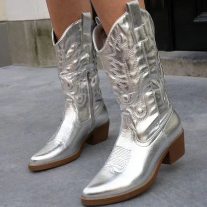 "Stijlvolle dames cowboylaarzen met metallic afwerking, elegante uitstraling en comfortabele pasvorm, geschikt voor elke gele