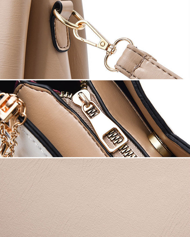 Detail van de stevige ritssluiting en elegante hardware op de PU leren dames handtas.