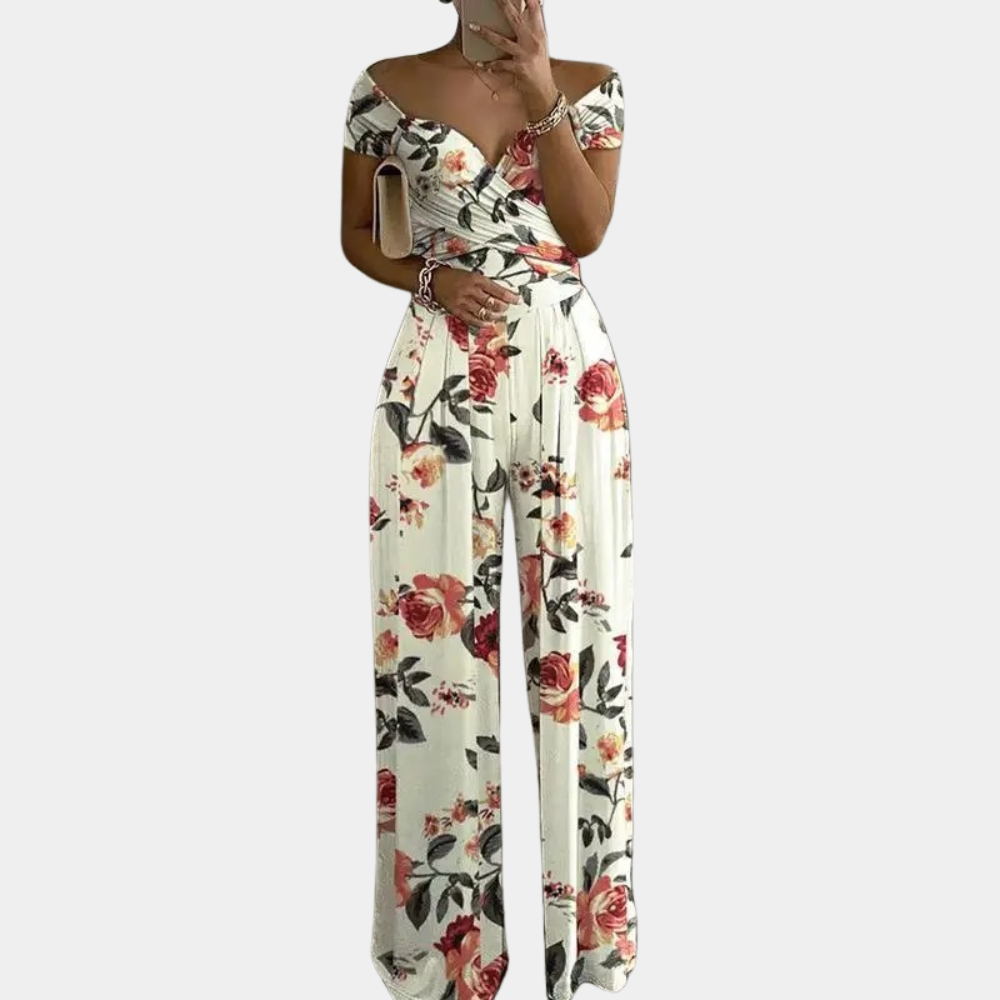 "Stijlvolle dames jumpsuit met blauwe print, elegante snit en stretchmateriaal voor comfortabele, flatterende pasvorm."
