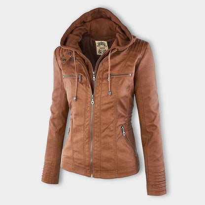 "Stijlvolle dames leren zomerjas, zwart, met moderne ritssluiting en afneembare capuchon, ideaal voor lente & zomer."