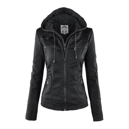 "Stijlvolle dames leren zomerjas, zwart, met moderne ritssluiting en afneembare capuchon, ideaal voor lente & zomer."