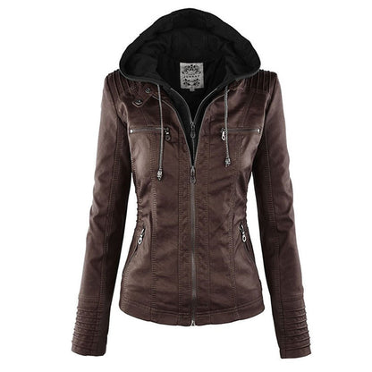 "Stijlvolle dames leren zomerjas, zwart, met moderne ritssluiting en afneembare capuchon, ideaal voor lente & zomer."