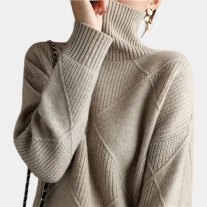 "Stijlvolle dames pullover coltrui met geometrisch ontwerp, warme stof, verkrijgbaar in beige, bruin, grijs, groen, zwart."