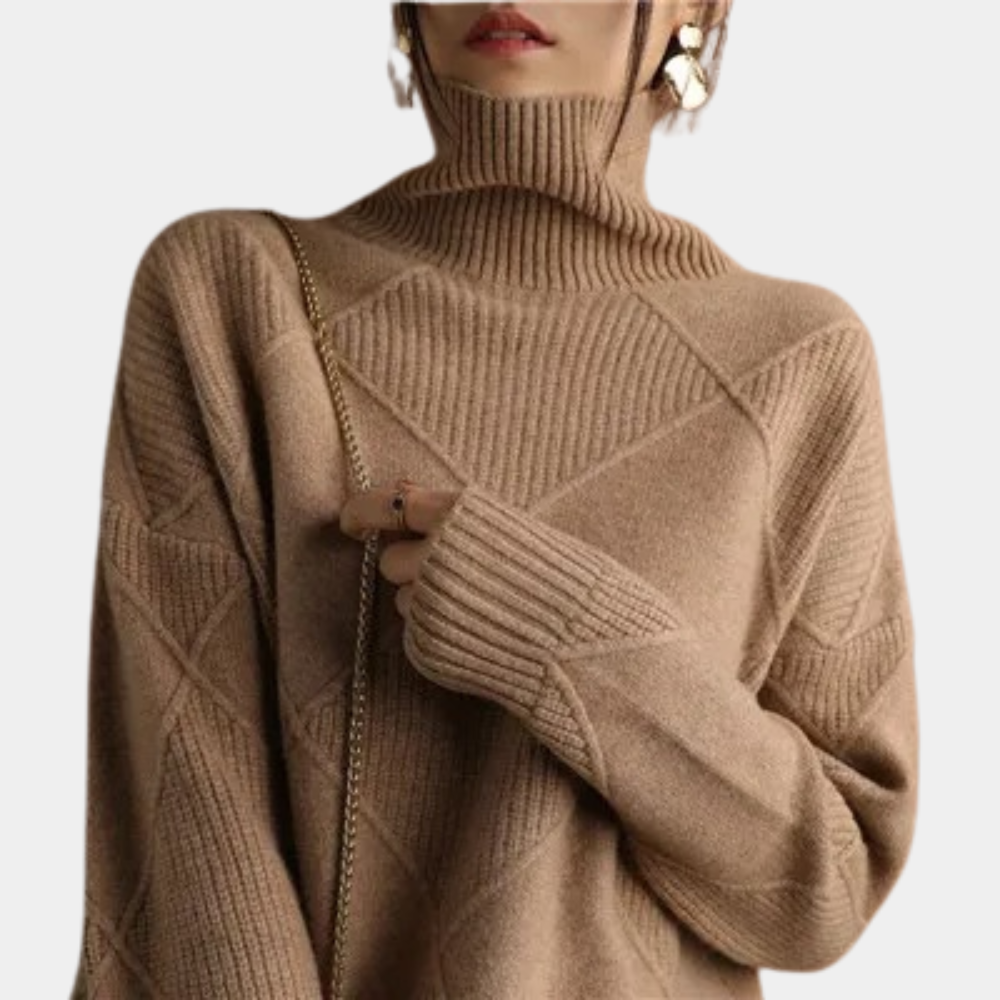 "Stijlvolle dames pullover coltrui met geometrisch ontwerp, warme stof, verkrijgbaar in beige, bruin, grijs, groen, zwart."
