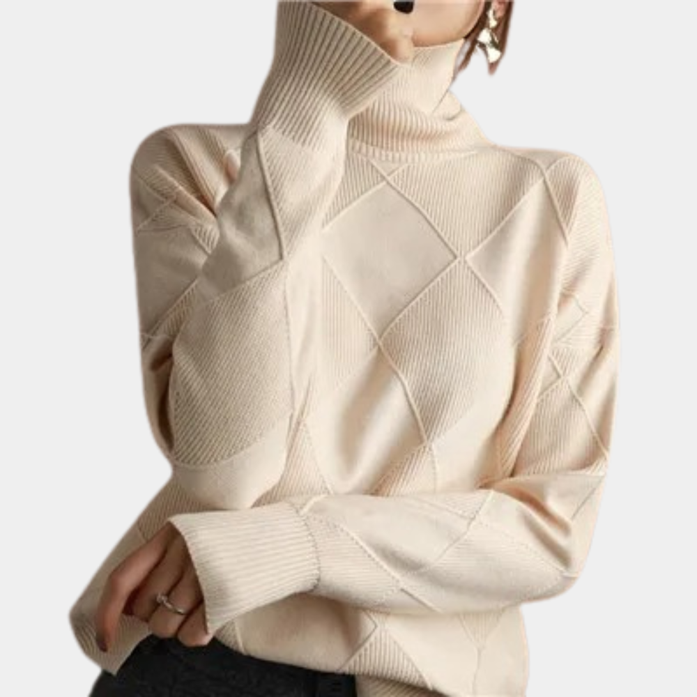"Stijlvolle dames pullover coltrui met geometrisch ontwerp, warme stof, verkrijgbaar in beige, bruin, grijs, groen, zwart."