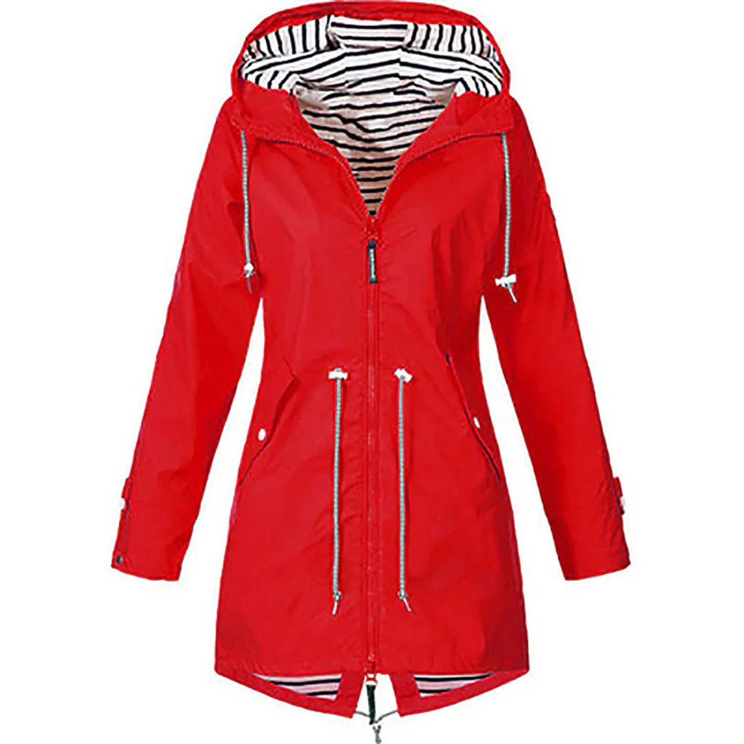 "Stijlvolle dames regenjas, waterdicht en elegant, flatterende pasvorm in diverse kleuren en maten, perfect voor regenachtige