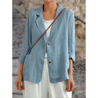 Stijlvolle dameslinnen blazer met chique knopen, verkrijgbaar in blauw, geel, wit en zwart, elegant en comfortabel ontwerp.