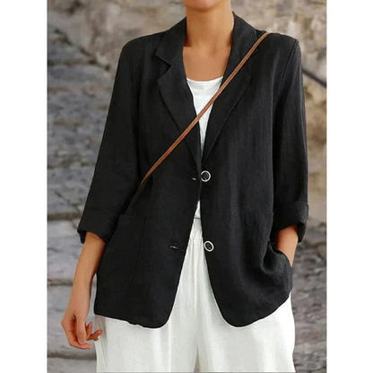 Stijlvolle dameslinnen blazer met chique knopen, verkrijgbaar in blauw, geel, wit en zwart, elegant en comfortabel ontwerp.