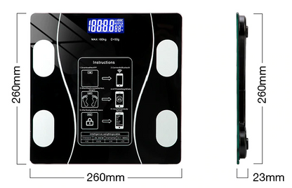 Stijlvolle digitale weegschaal, glazen top, met LED-display voor lichaamsanalyse tot 180kg, meet 11 kenmerken.