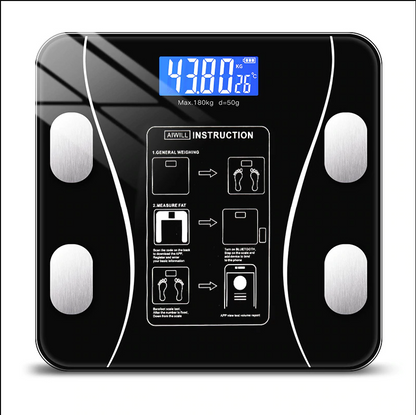 Stijlvolle digitale weegschaal, glazen top, met LED-display voor lichaamsanalyse tot 180kg, meet 11 kenmerken.