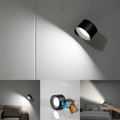 "Stijlvolle draadloze oplaadbare 360° LED wandlamp, geschikt voor binnen en buiten, in hout, wit of zwart."