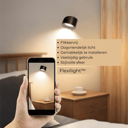 "Stijlvolle draadloze oplaadbare 360° LED wandlamp, geschikt voor binnen en buiten, in hout, wit of zwart."