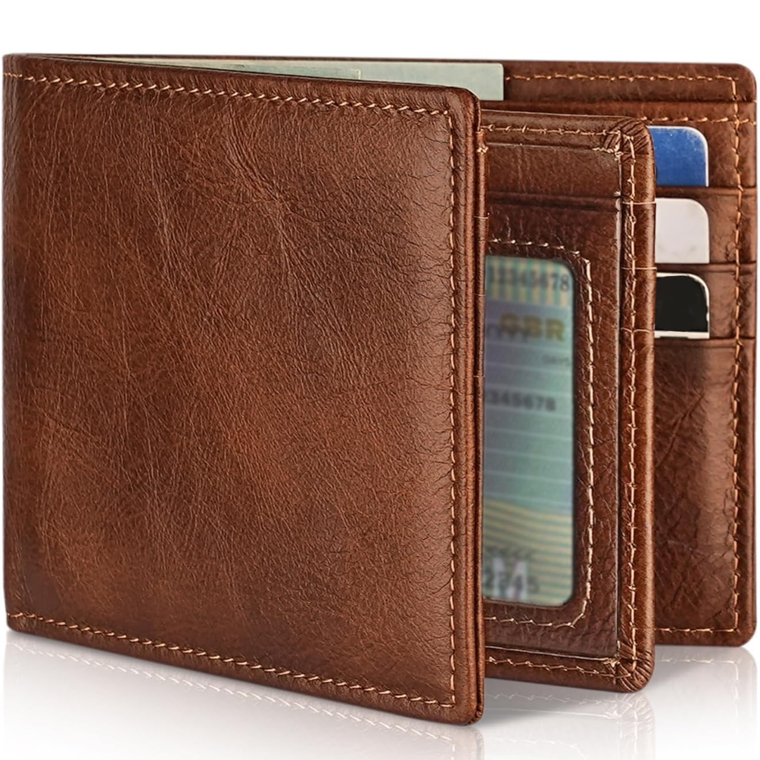 Elegante bruine leren bifold portemonnee voor heren. Ideaal als cadeau, met RFID-bescherming.