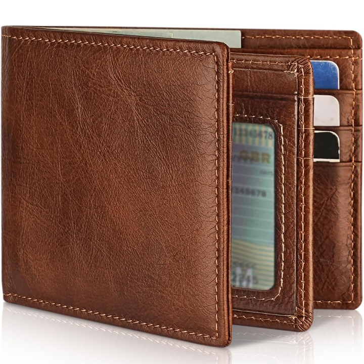 Elegante bruine leren bifold portemonnee voor heren. Ideaal als cadeau, met RFID-bescherming.