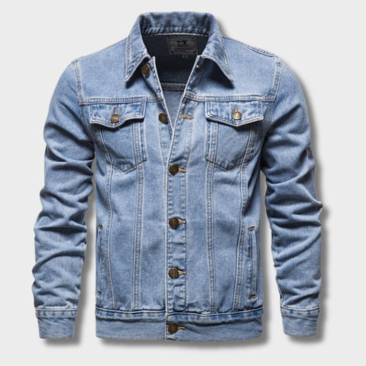 "Stijlvolle heren denim jas met knoopsluiting, praktische zakken en tijdloos ontwerp. Perfecte casual jas voor elke gelegenhe