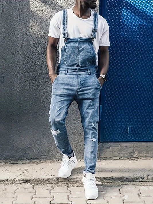 "Stijlvolle heren denim overall, regular fit, van premium katoenmix met raw denim look en effen kleur voor dagelijks gebruik.